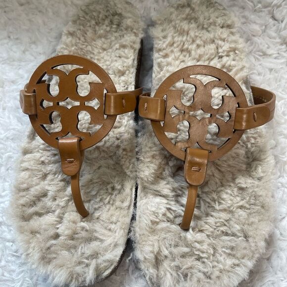 Tory Burch Miller Cloud Shearling Leather tan Sandals SZ10M - Picture 5 of 9